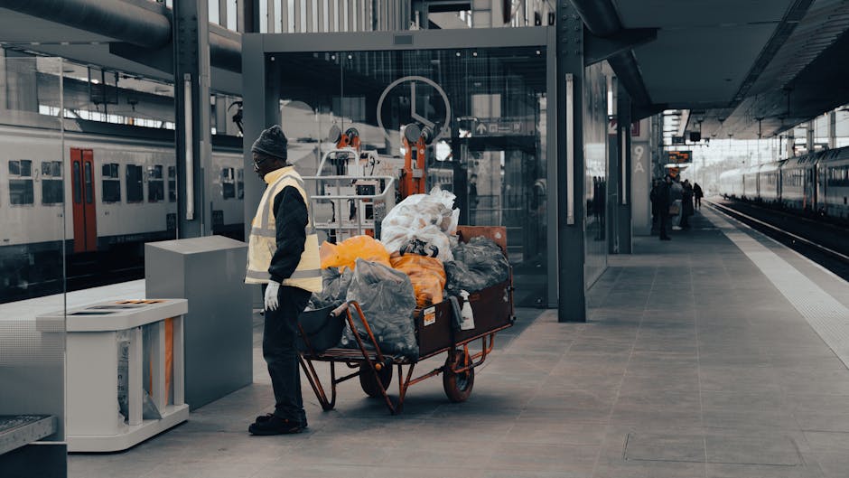 A man wearing a dark jacket, grey beanie, and white gloves stands on a train station platform beside a large red trolley filled with assorted rubbish bags and recyclable waste, including black, grey, orange, and transparent plastic bags. The trolley is positioned on a paved surface, adjacent to a modern, glass-encased shelter with industrial metal supports. Behind him, a train with closed doors is stationary on the tracks, and a few other individuals are visible in the background, walking along the platform. The environment is illuminated by natural daylight, with the station's clean, minimalist design featuring dark roofing and glass panels. This scene potentially reflects an alternative private waste clearance method, situating the scene within an urban setting where independent rubbish removal services might be employed to dispose of household waste, aligning with the context of efficient rubbish collection and clearance at such transportation hubs, as detailed for South Kensington station rubbish removal regulations.
